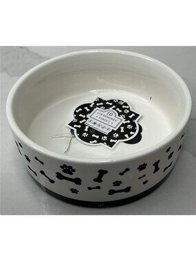10 Strawberry Street Pet Bowl Black Bone Embossed Ceramic New